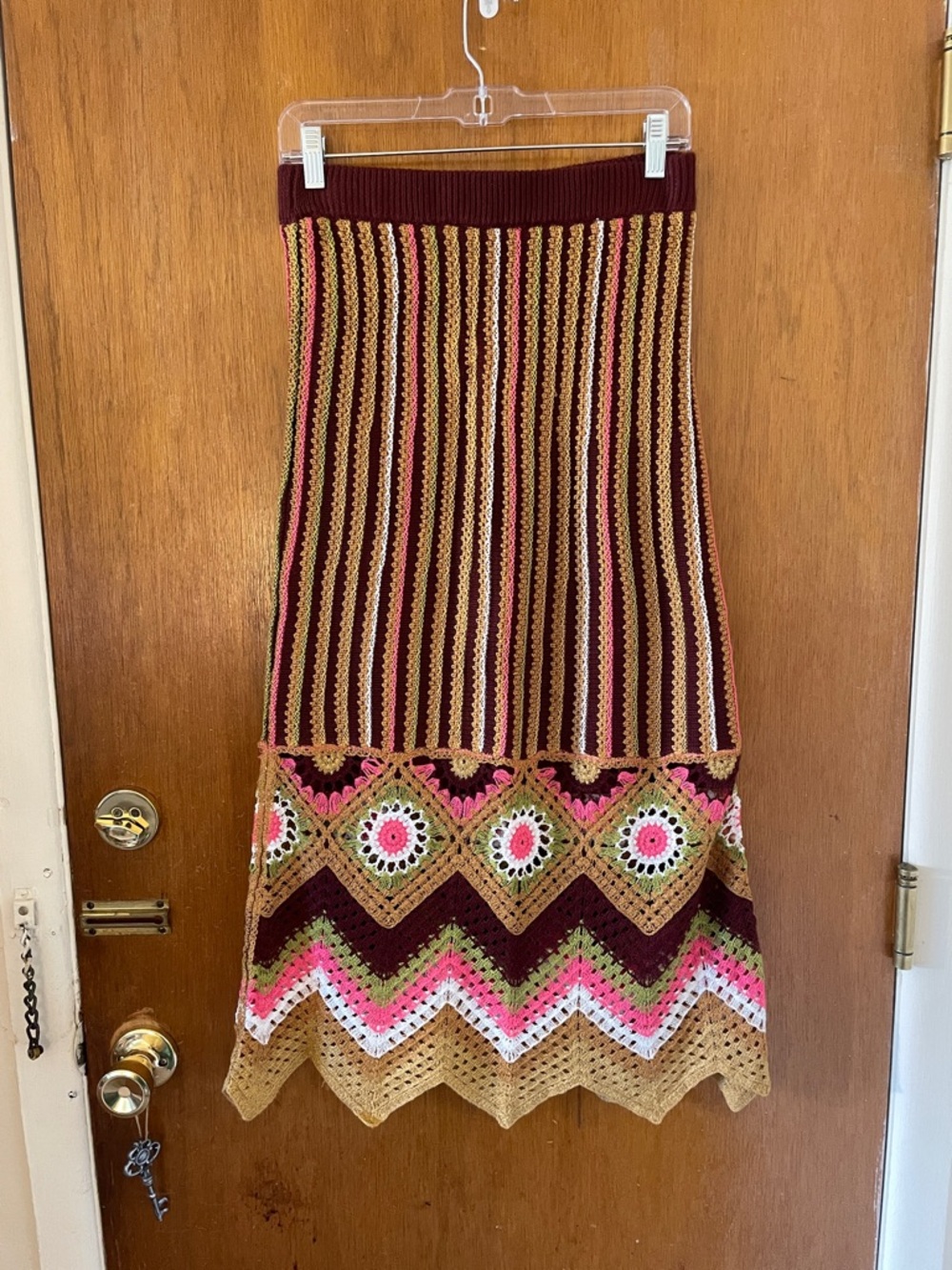 SO Crochet Chevron Midi Skirt in Burgundy, Tan, Pink and Green